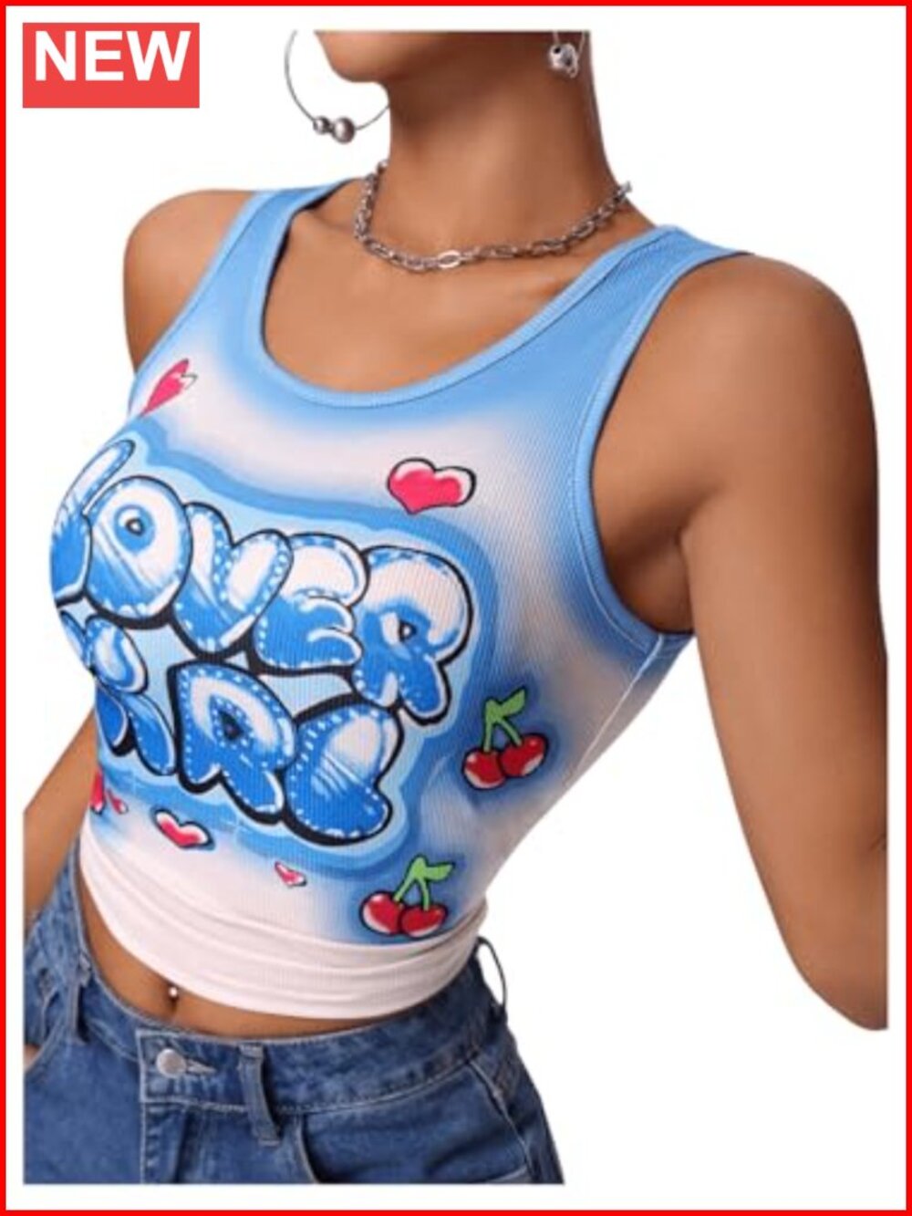 Ribbed Scoop Neck Sleeveless Tank Top Letter Cherry Print Y2K Streetwear